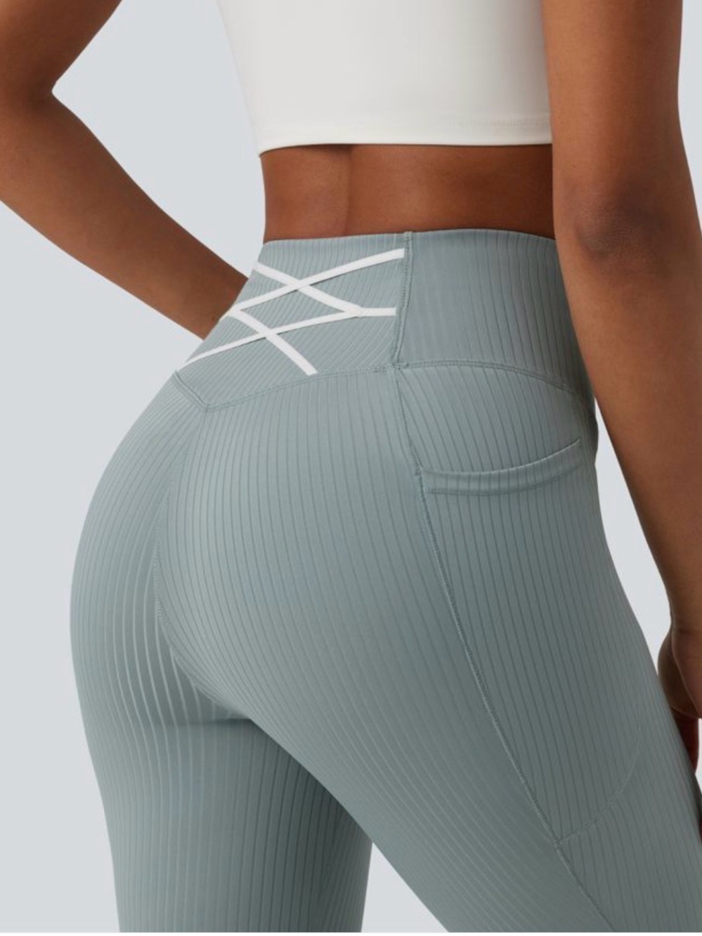 Halara Ribbed Knit High Waisted Tummy Control Leggings w/ Pockets Sage Size M - Picture 3 of 7